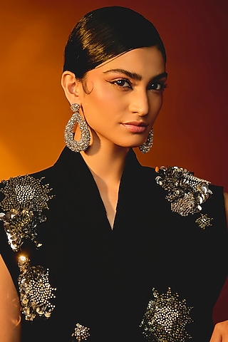 Gunmetal Swarovski Crystal Dangler Earrings by Deepa Gurnani