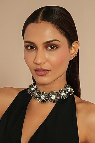 Gunmetal Glass Beaded Necklace by Deepa Gurnani
