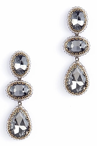 Gunmetal Glass Crystal Dangler Earrings by Deepa Gurnani