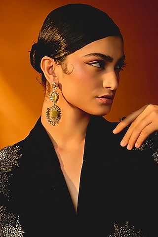 Yellow Glass Crystal Dangler Earrings by Deepa Gurnani