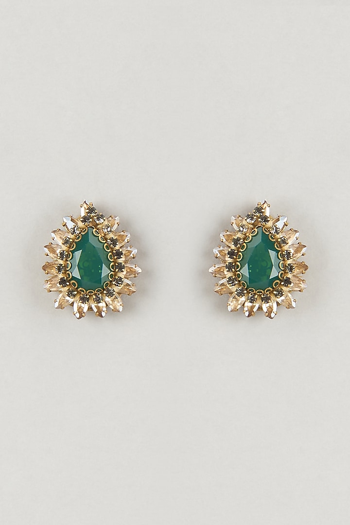 Gold Finish Green Stone Stud Earrings by Deepa Gurnani at Pernia's Pop Up Shop