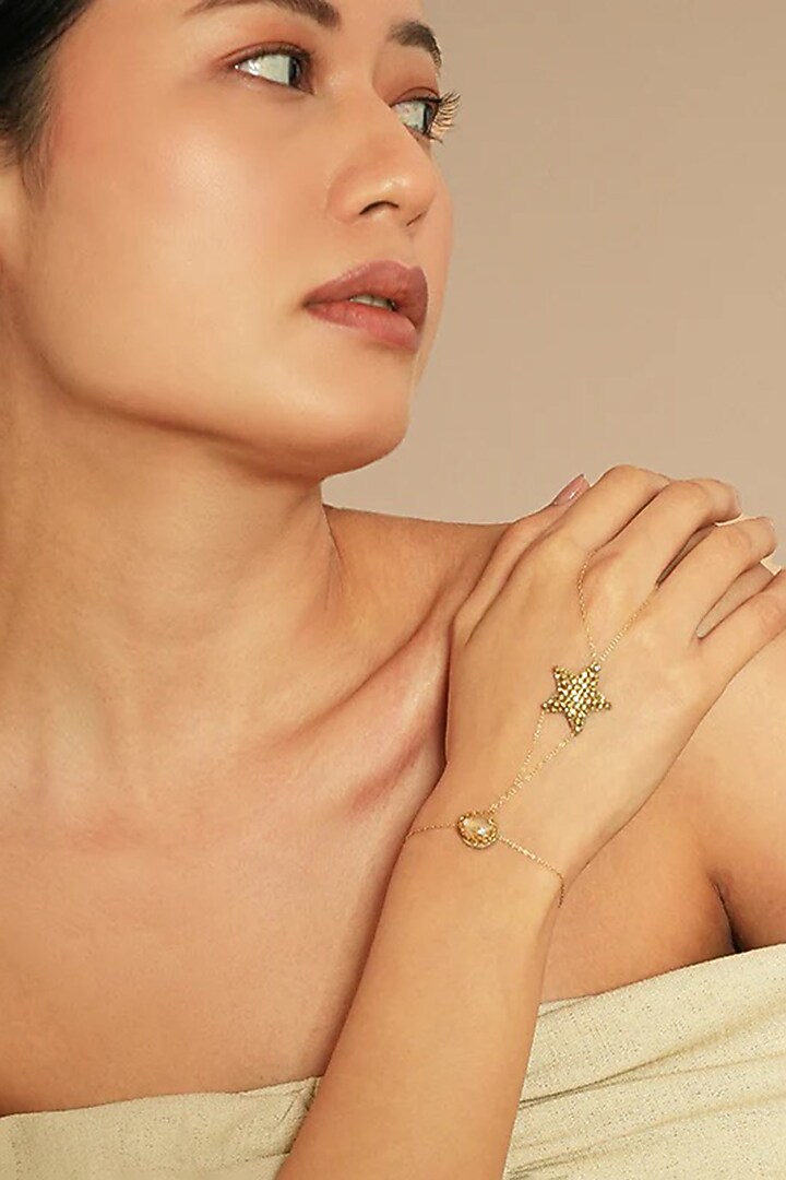 Gold Glass Beaded Hathphool by Deepa Gurnani at Pernia's Pop Up Shop