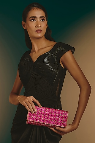 Pink Faux Leather Clutch by Deepa Gurnani
