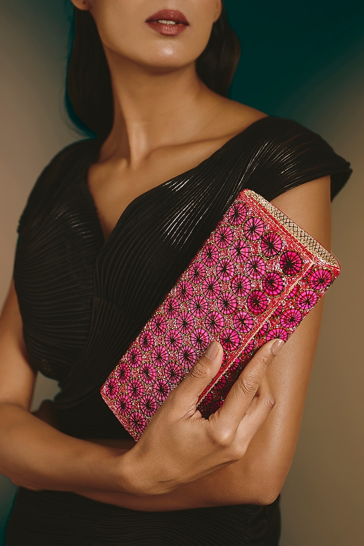 Pink Faux Leather Clutch by Deepa Gurnani at Pernia's Pop Up Shop