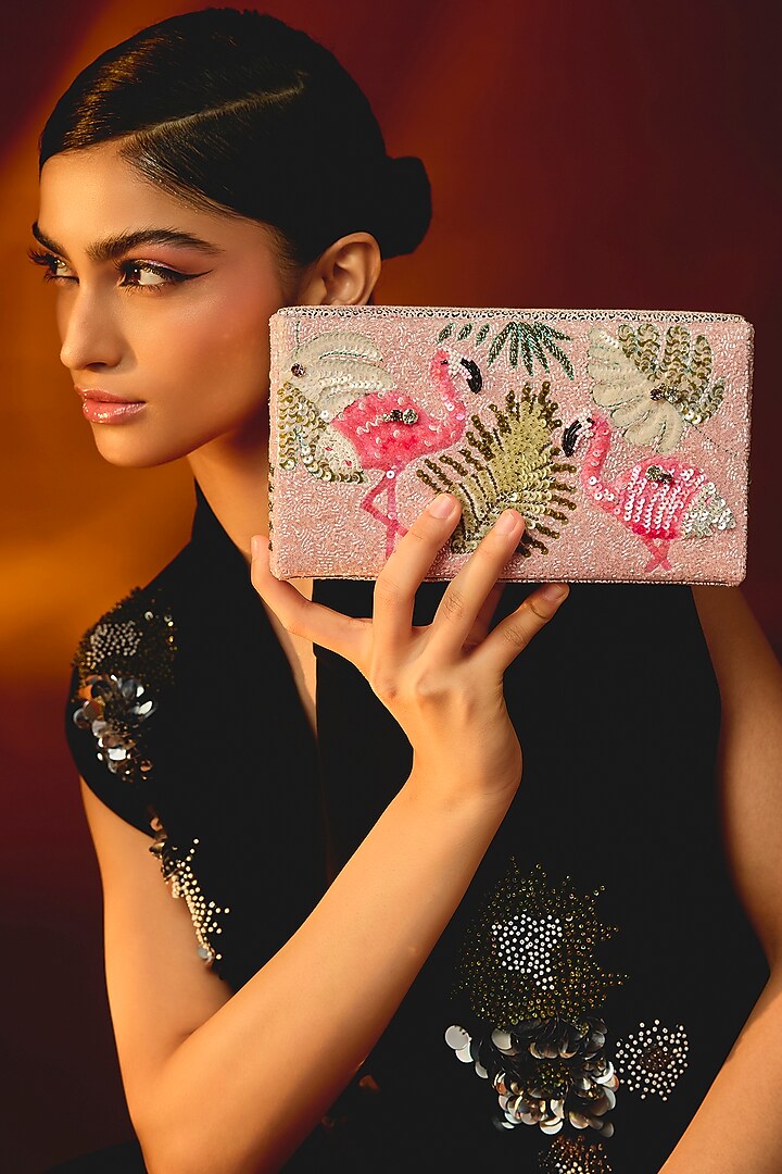 Pink Cotton Woven Glass Beaded Bag by Deepa Gurnani at Pernia's Pop Up Shop