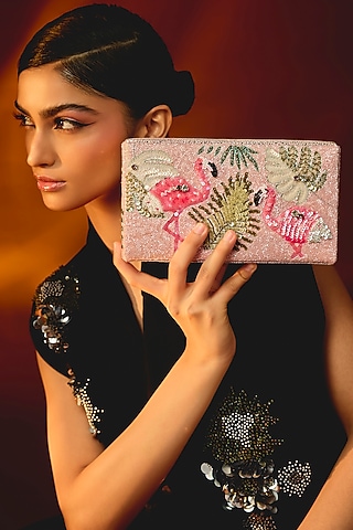 Pink Cotton Woven Glass Beaded Bag by Deepa Gurnani