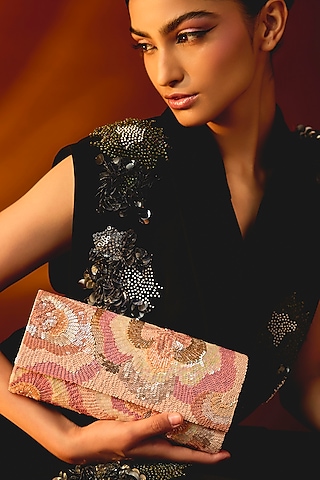 Pink Cotton Glass Beaded Bag by Deepa Gurnani