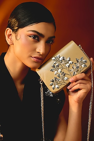 Silver Cotton Glass Beaded Bag by Deepa Gurnani