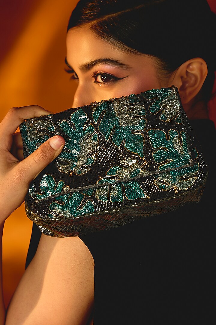 Green Cotton Woven Glass Beaded Bag by Deepa Gurnani at Pernia's Pop Up Shop