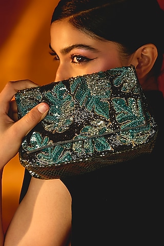 Green Cotton Woven Glass Beaded Bag by Deepa Gurnani