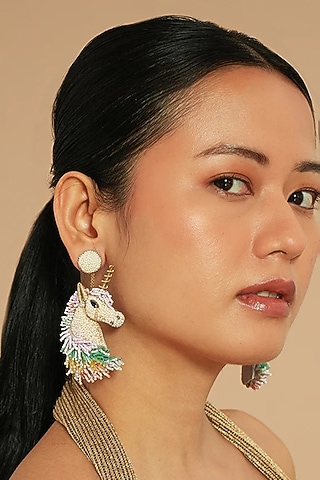 Multi-Colored Glass Beaded & Metallic Thread Earrings by Deepa Gurnani