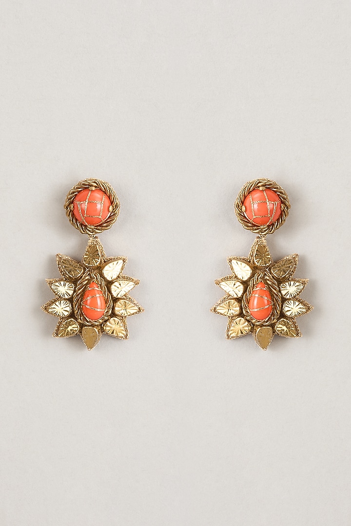 Gold Finish Peach Stone Dangler Earrings by Deepa Gurnani at Pernia's Pop Up Shop