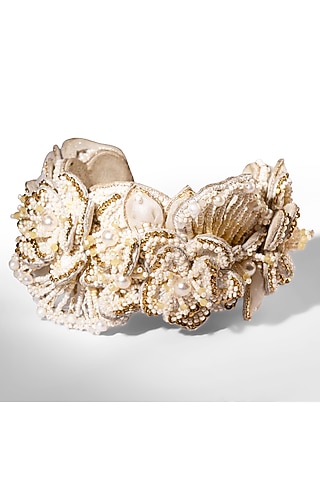 Ivory Glass Beaded & Mother Of Pearl Cuff by Deepa Gurnani
