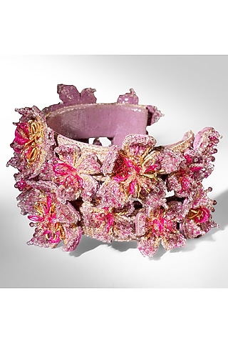 Fuchsia Nylon Thread & Glass Beaded Cuff by Deepa Gurnani