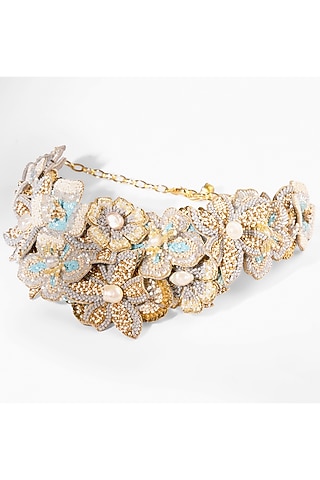 Baby Blue Glass Beaded & Mother Of Pearl Necklace by Deepa Gurnani