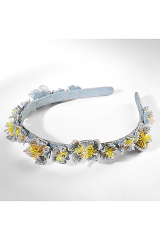 Blue Glass Beaded & Nylon Thread Headband by Deepa Gurnani
