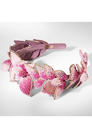 Pink Glass Beaded & Nylon Thread Headband by Deepa Gurnani