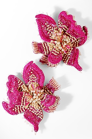 Fuchsia Glass Beaded Stud Earrings by Deepa Gurnani