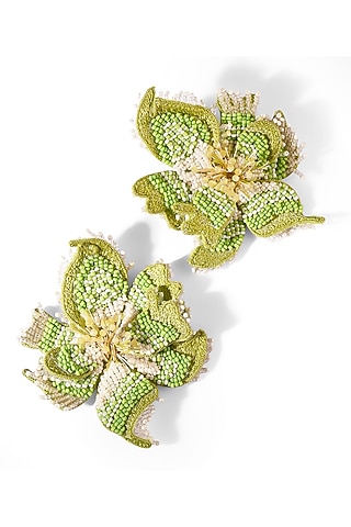 Green Glass Beaded Stud Earrings by Deepa Gurnani