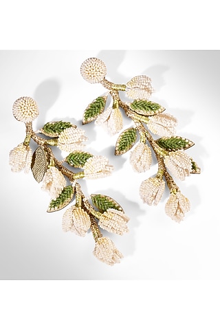 Ivory Glass Beaded & Cotton Thread Earrings by Deepa Gurnani