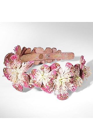 Fuchsia Glass Beaded & Silk Thread Headband by Deepa Gurnani