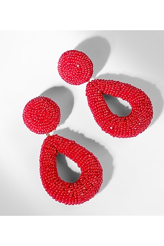 Red Glass Beaded Dangler Earrings by Deepa Gurnani