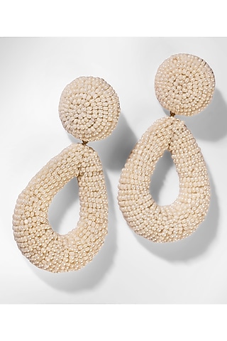 Ivory Glass Beaded Dangler Earrings by Deepa Gurnani