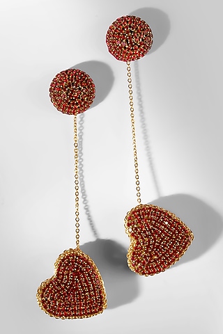 Red Glass Crystal & Nylon Thread Dangler Earrings by Deepa Gurnani