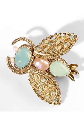 Gold Glass Crystal & Nylon Thread Beetle Brooch by Deepa Gurnani