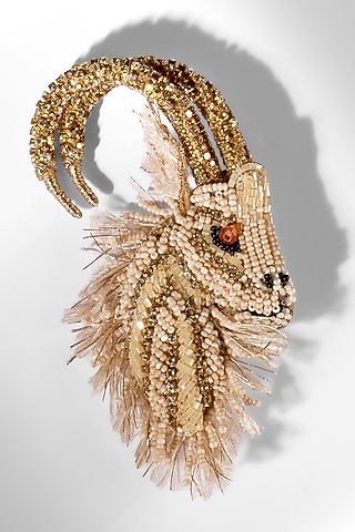 Beige Glass Beaded & Metallic Thread Ram Brooch by Deepa Gurnani