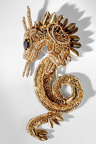 Gold Glass Beaded & Metallic Thread Dragon Brooch by Deepa Gurnani