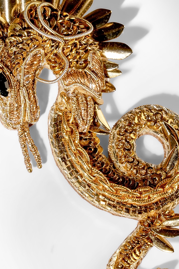 Gold Glass Beaded & Metallic Thread Dragon Brooch by Deepa Gurnani at Pernia's Pop Up Shop