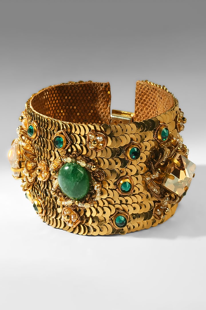 Gold Glass Beaded & Crystal Woven Bracelet by Deepa Gurnani at Pernia's Pop Up Shop