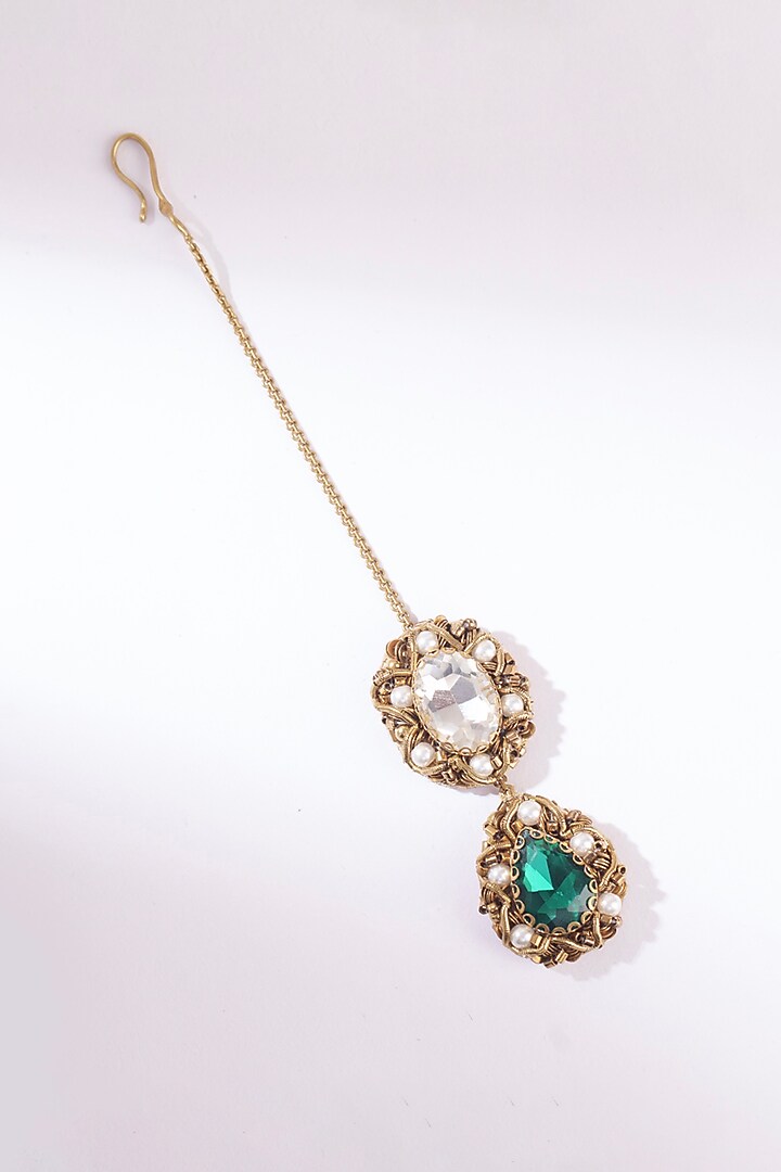 Green Glass Beaded & Glass Crystal Maangtikka by Deepa Gurnani at Pernia's Pop Up Shop