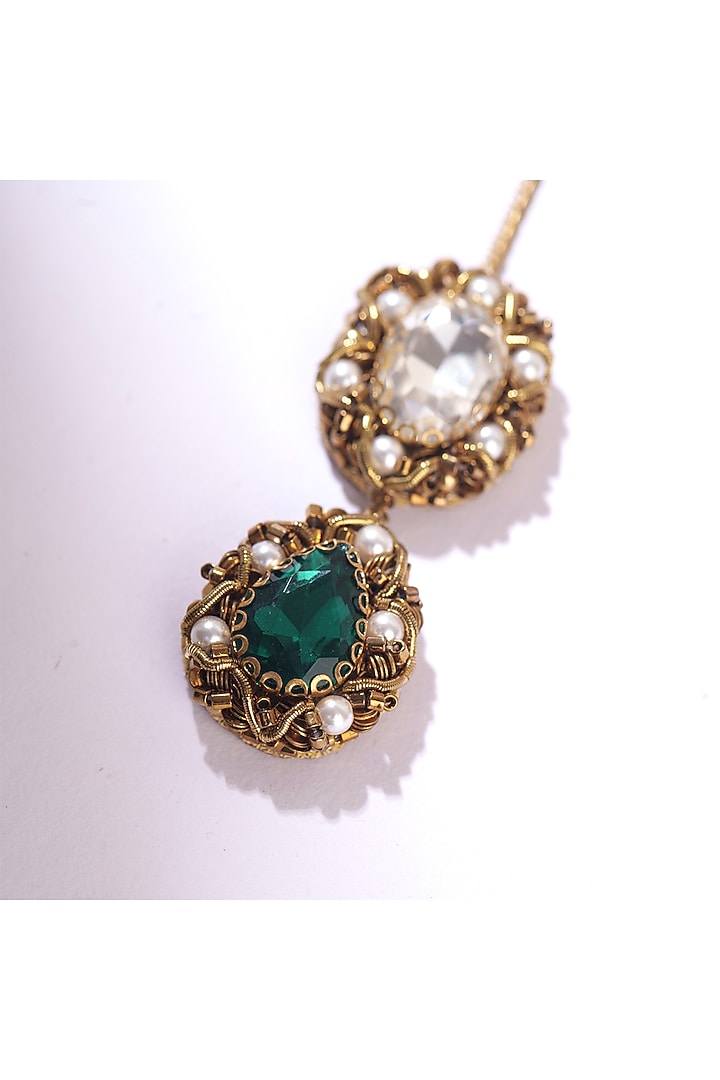 Green Glass Beaded & Glass Crystal Maangtikka by Deepa Gurnani at Pernia's Pop Up Shop