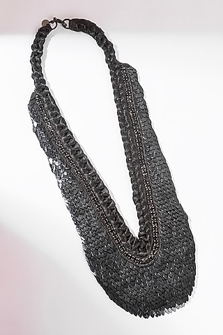 Black Glass Beaded & Hand Embroidered Bib Necklace by Deepa Gurnani