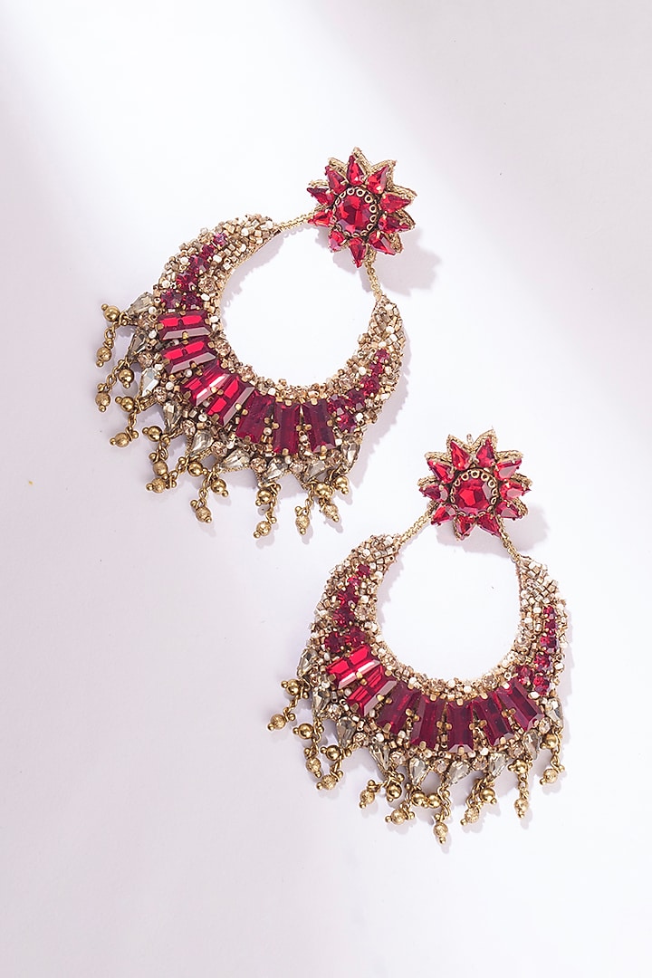 Red Glass Beaded & Glass Crystal Dangler Earrings by Deepa Gurnani at Pernia's Pop Up Shop