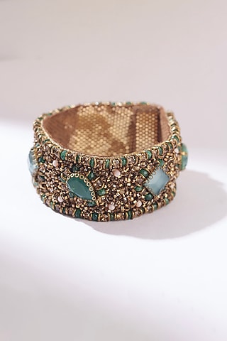 Green Glass Bead & Glass Crystal Hand Embroidered Bracelet by Deepa Gurnani