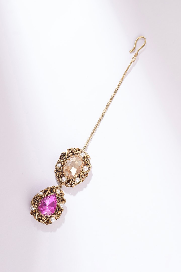 Pink Glass Beaded & Glass Crystal Maangtikka by Deepa Gurnani at Pernia's Pop Up Shop