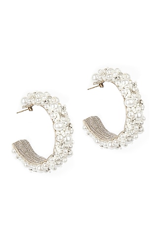 Silver Pearl & Glass Beaded Hoop Earrings by Deepa Gurnani