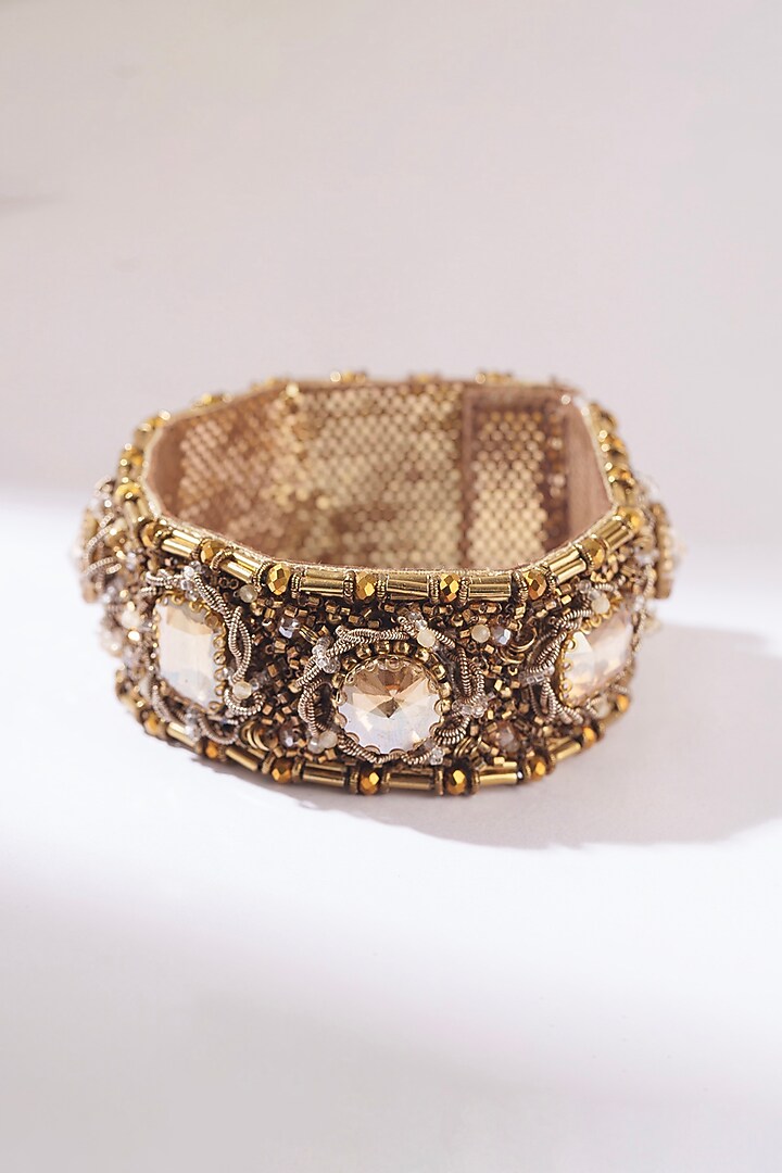 Gold Glass Bead & Glass Crystal Hand Embroidered Bracelet by Deepa Gurnani at Pernia's Pop Up Shop