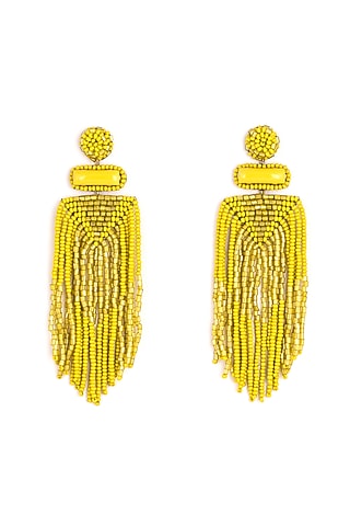 Yellow Glass Bead & Crystal Dangler Earrings by Deepa Gurnani