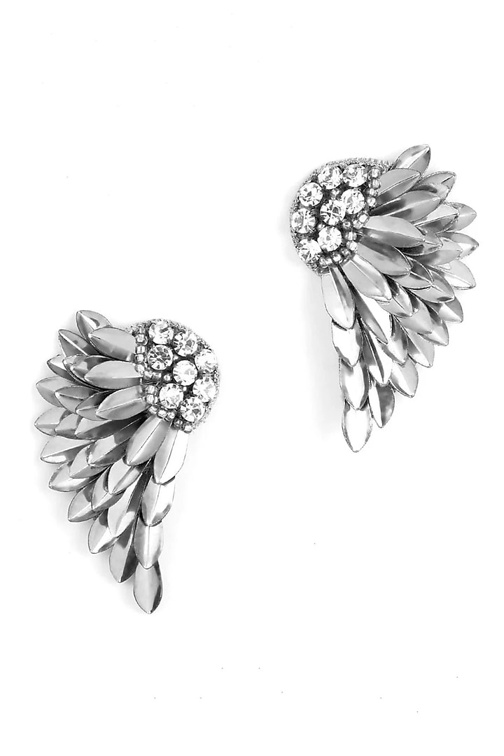 Silver Glass Bead & Crystal Hand Embroidered Wing-Shaped Earrings by Deepa Gurnani at Pernia's Pop Up Shop