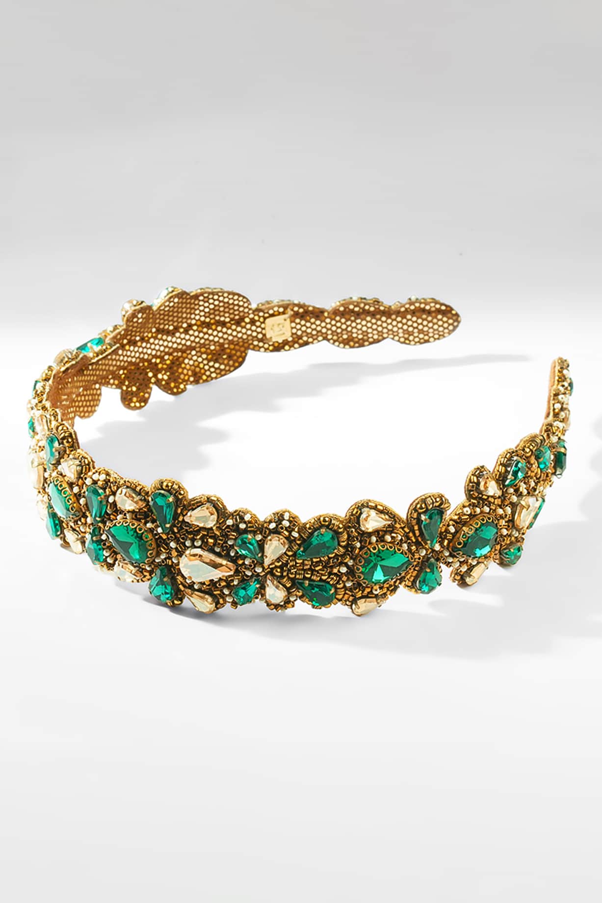 Gold Glass Beaded & Crystal Woven Headband by Deepa Gurnani  display picture 2