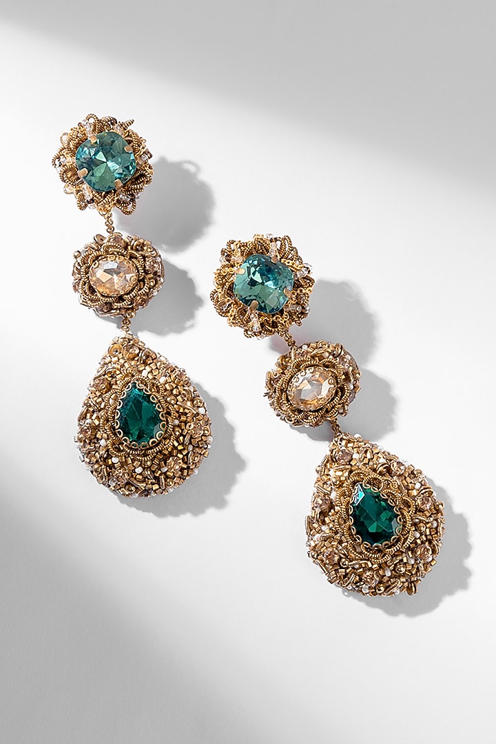Green Glass Beaded & Glass Crystal Dangler Earrings by Deepa Gurnani at Pernia's Pop Up Shop