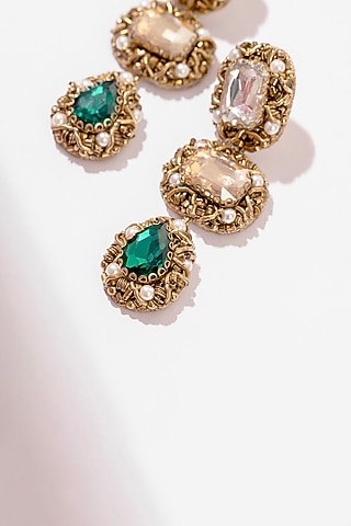 Green Hand Embroidered Dangler Earrings by Deepa Gurnani