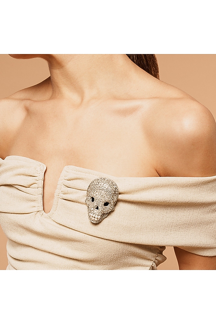 Silver Glass Beaded Skull Brooch by Deepa Gurnani at Pernia's Pop Up Shop
