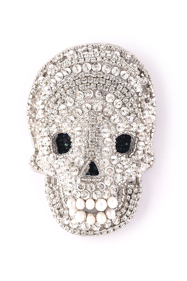 Silver Glass Beaded Skull Brooch by Deepa Gurnani at Pernia's Pop Up Shop