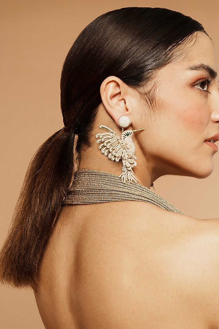 Ivory Glass Beaded Hummingbird Earrings by Deepa Gurnani at Pernia's Pop Up Shop