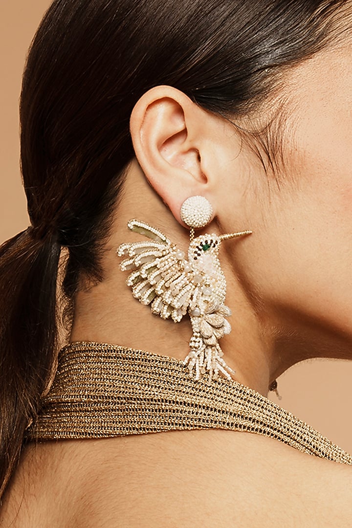 Ivory Glass Beaded Hummingbird Earrings by Deepa Gurnani at Pernia's Pop Up Shop